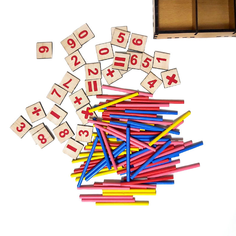 صندوق عصي الحساب الخشبية _ لتعليم العمليات الحسابية والارقام من 0 ل 9