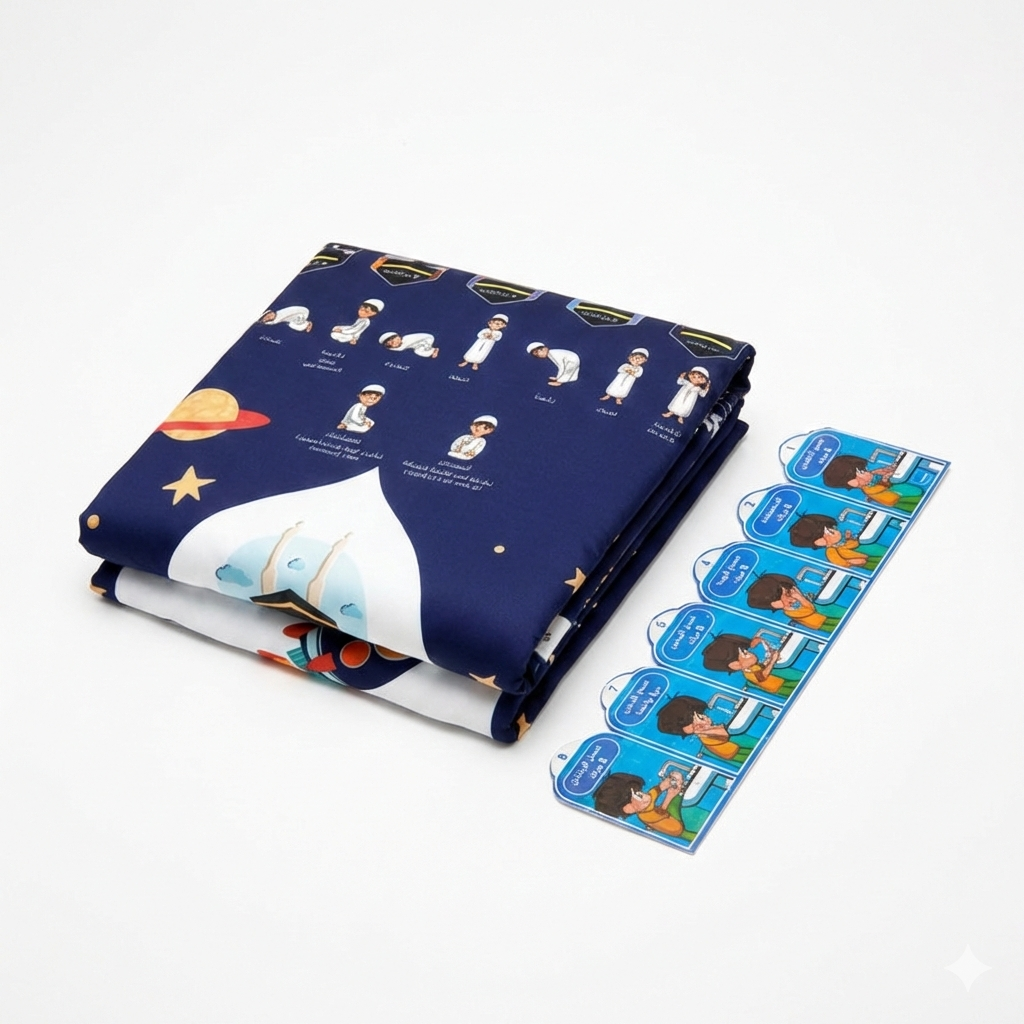 طقم تعليمي للصلاة للأولاد (سجادة صلاة + ملصق خطوات الوضوء)